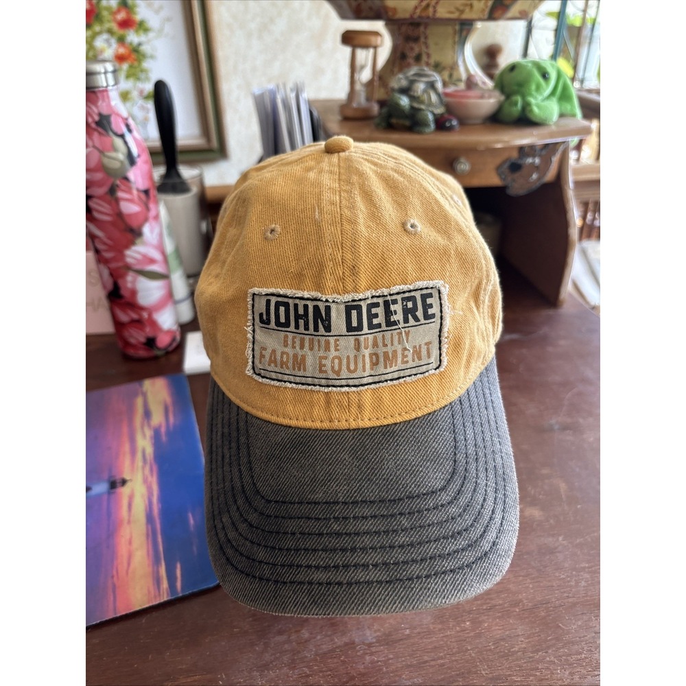 John Deere Genuine Quality Farm Equipment Mustard Yellow Brown Baseball Hat Cap